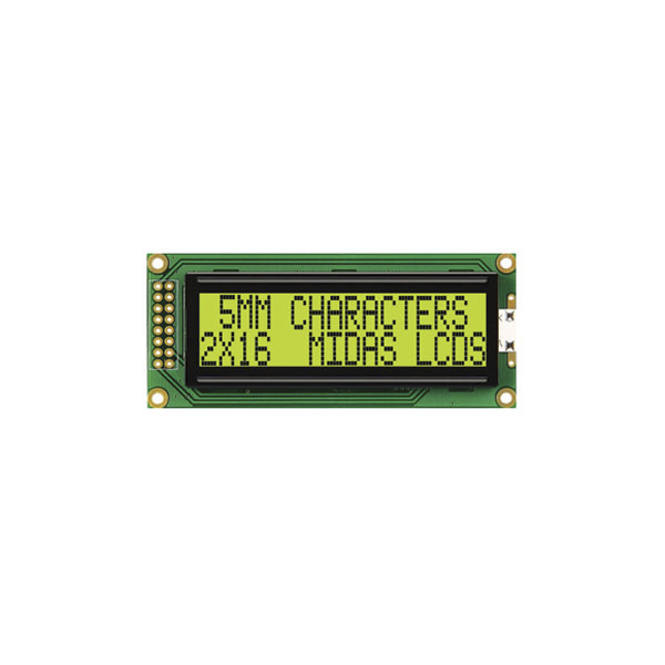 Midas MC21605F6WE-SPTLY F Alphanumeric LED LCD Monochrome Display, Yellow, Green on Yellow, Green, 2 x 16