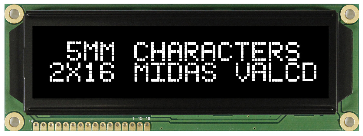 Midas MC21605G12W-VNMLW MC21605 Alphanumeric LED LCD Monochrome Display, White on Black, 2 x 16