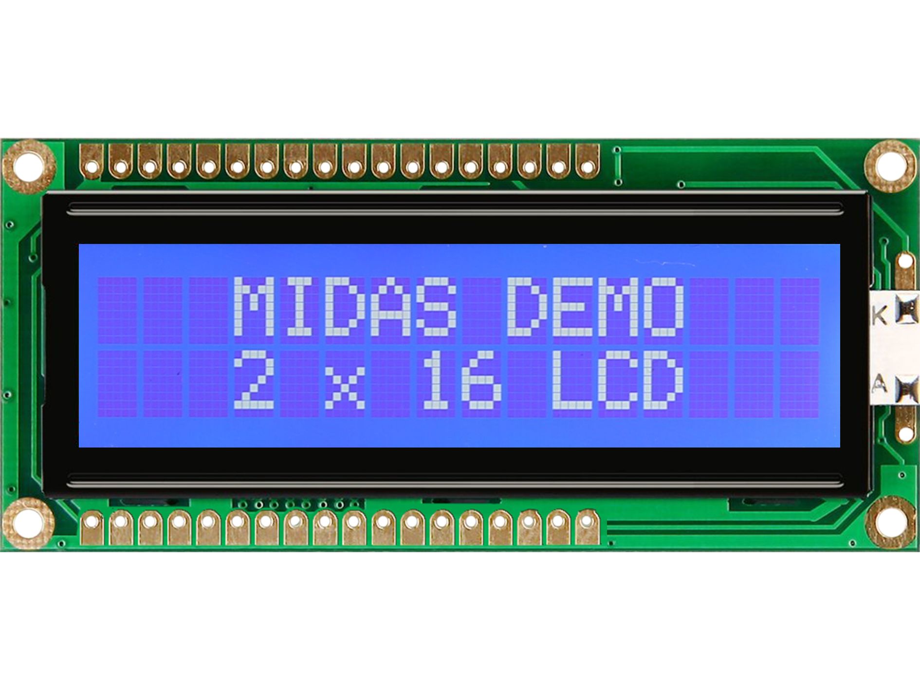 Midas MC21605G6W-BNMLW3.3-V2 MC21605G6W-BNMLW3.3-V2 LCD LED LCD Monochrome Display, White on Blue, White, 2 x 16