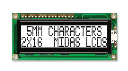 Midas MC21605G6W-FPTLW-V2 G Alphanumeric LED LCD Monochrome Display, White on White, 2 x 16