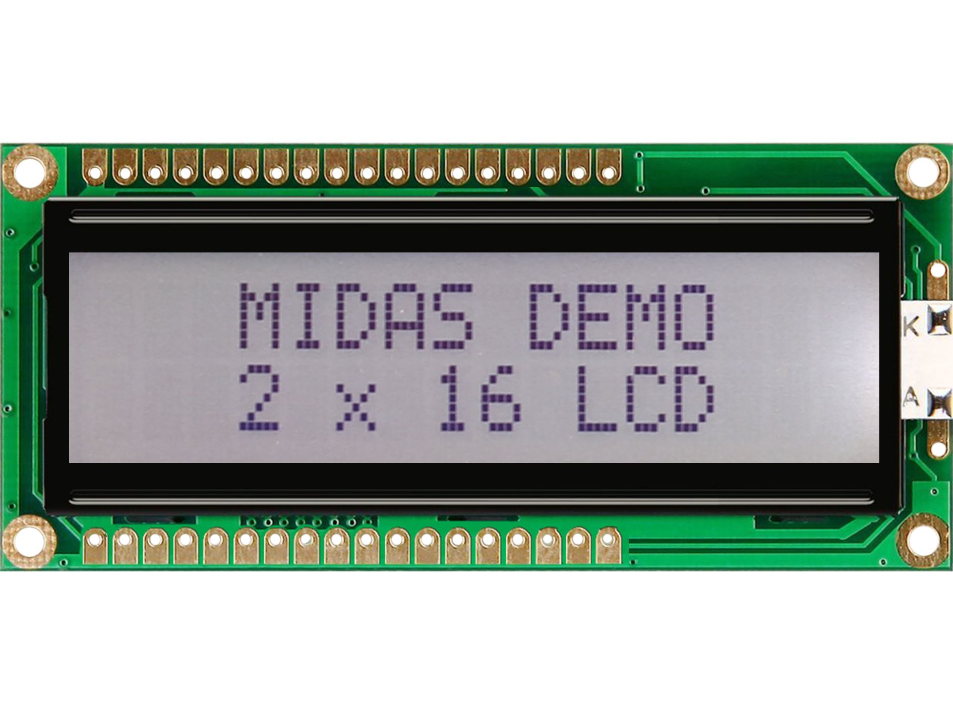 Midas MC21605G6W-FPTLW3.3-V2 LCD LED LCD Monochrome Display, White on Black, White, 2 x 16