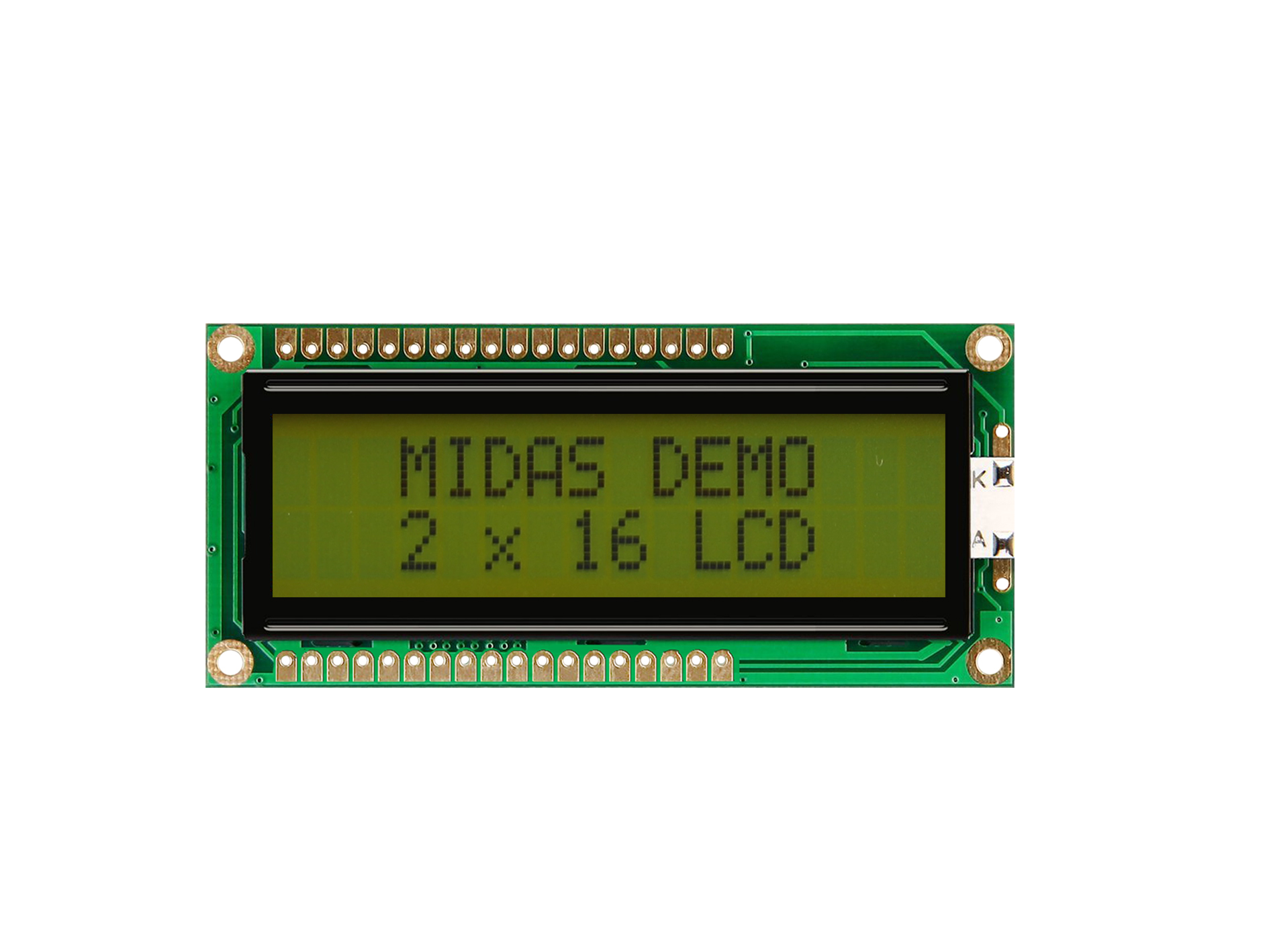 Midas MC21605G6W-SPR-V2 MC216 Alphanumeric LCD Monochrome Display, Black on Green, Yellow, 2 x 16
