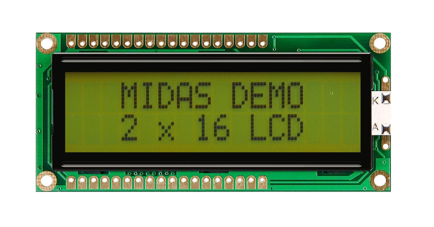 Midas MC21605G6W-SPTLY-V2 MC216 Alphanumeric LED LCD Monochrome Display, Black on Green, Yellow, 2 x 16