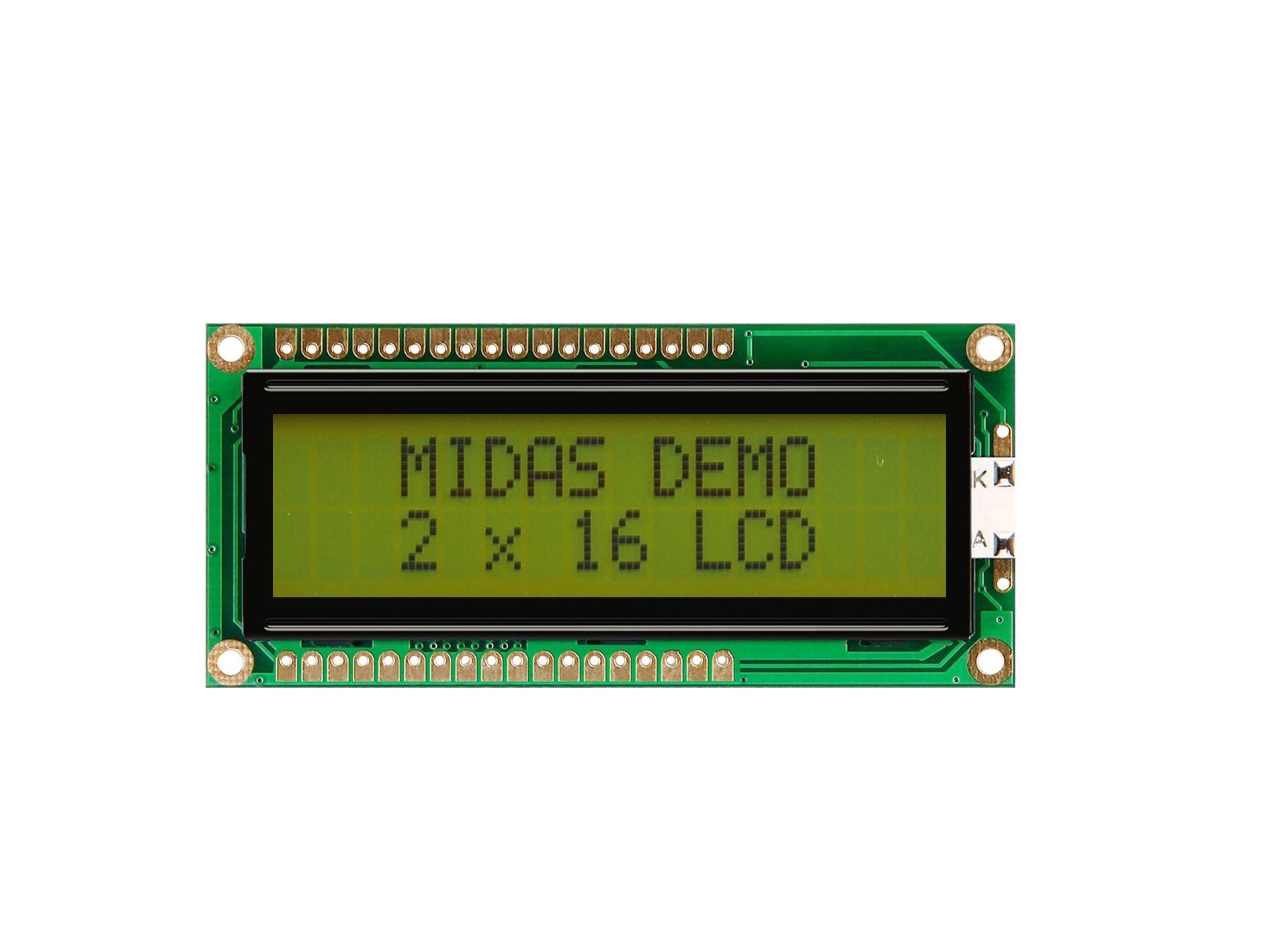 Midas MC21605G6W-SPTLY3.3-V2 LCD LED LCD Monochrome Display, Green, Yellow on Yellow, Black, Green, 2 x 16