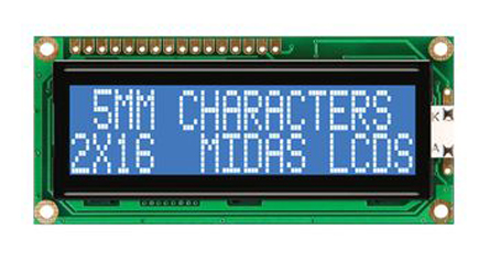 Midas MC21605G6WD-BNMLW-V2 G Alphanumeric LED LCD Monochrome Display, Blue on White, 2 x 16