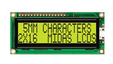 Midas MC21605G6WD-SPTLY-V2 G Alphanumeric LED LCD Monochrome Display, Yellow, Green on Green, Yellow, 2 x 16