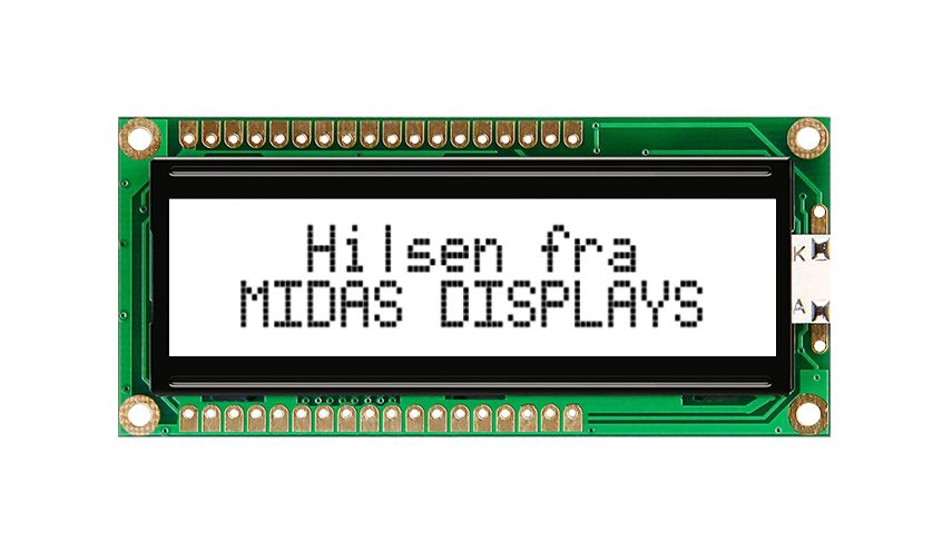 Midas MC21605G6WM-FPTLW-V2 Alphanumeric LED LCD Monochrome Display, White on White, 2 x 16