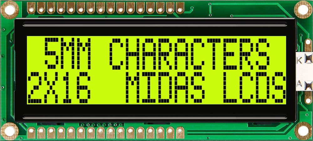 Midas MC21605G6WR-SPTLY-V2 MC STN LCD LED LCD Module, Black on Green, Yellow