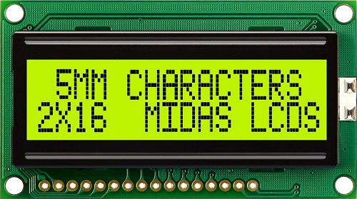 Midas MC21605H6W-SPTLY-V2 MC STN LCD LED LCD Module, Black on Green, Yellow