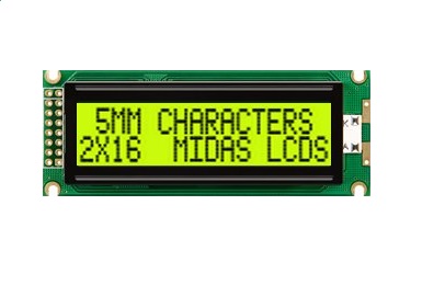 Midas MC21605J6W-SPR-V2 MC STN LCD LED LCD Module, Black on Green, Yellow