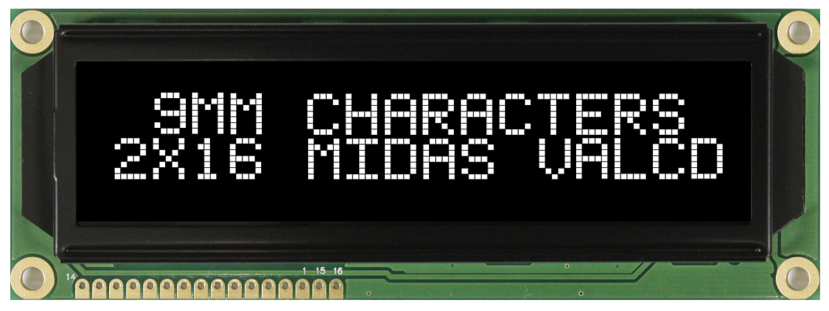 Midas MC21609A12W-VNMLW MC21609 Alphanumeric LED LCD Monochrome Display, White on Black, 2 x 16