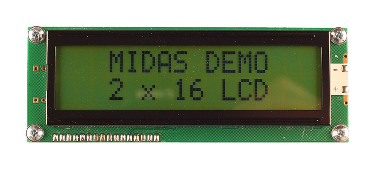 Midas MC21609A6W-SPR-V2 MC216 Alphanumeric LCD Monochrome Display, Black on Green, Yellow, 2 x 16