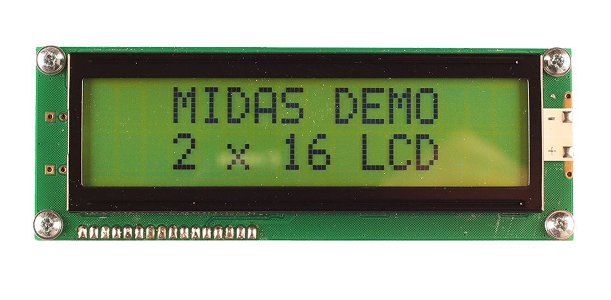 Midas MC21609A6W-SPTLY-V2 MC216 Alphanumeric LED LCD Monochrome Display, Black on Green, Yellow, 2 x 16