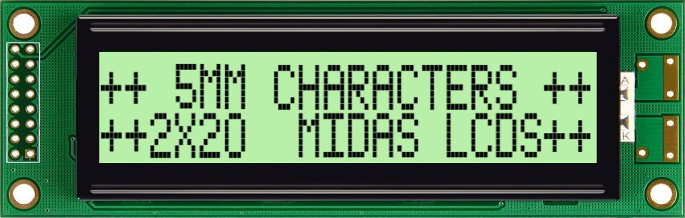 Midas MC22005A6W-GPTLY-V2 MC22005A6W LCD LED LCD Monochrome Display, Black on Green, Yellow, 2 x 20