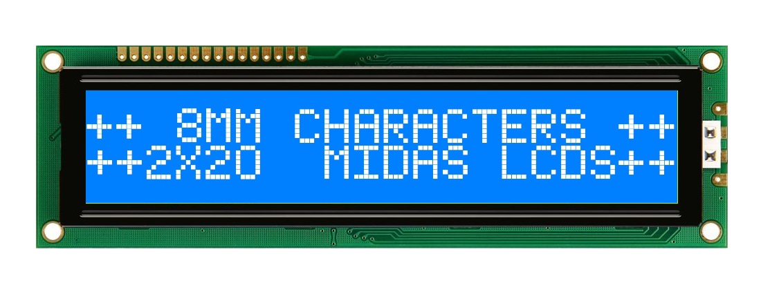Midas MC22008B6W-BNMLW-V2 Alphanumeric LED LCD Alphanumeric Display, White on Blue, White, 2 x 20