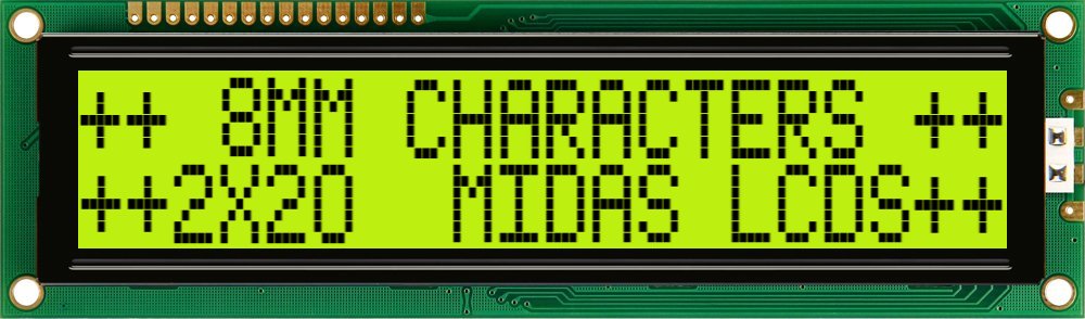 Midas MC22008B6W-SPTLY-V2 MC22008B6W-SPTLY-V2 Alphanumeric LED LCD Alphanumeric Display, Yellow, Green on Green, Yellow,