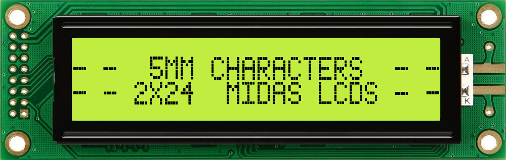 Midas MC22405B6W1-SPTLY MC22 Alphanumeric LED LCD Monochrome Display, Black on Yellow, Green, 2 x 24