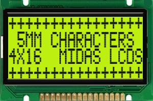 Midas MC41605B6W-SPTLY-V2 MC41 Alphanumeric Transflective LCD Monochrome Display, Black on Yellow, Green, 4 x 16