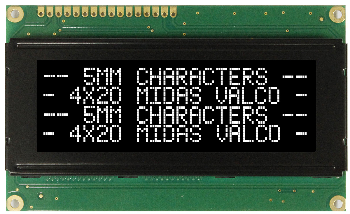 Midas MC42005A12W-VNMLW MC42005 Alphanumeric LED LCD Monochrome Display, White on Black, 4 x 20