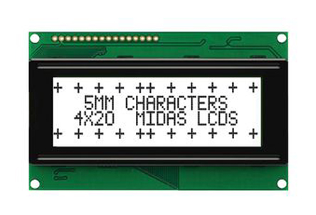 Midas MC42005A6W-FPTLW-V2 A Alphanumeric LED LCD Monochrome Display, White on White, 4 x 20