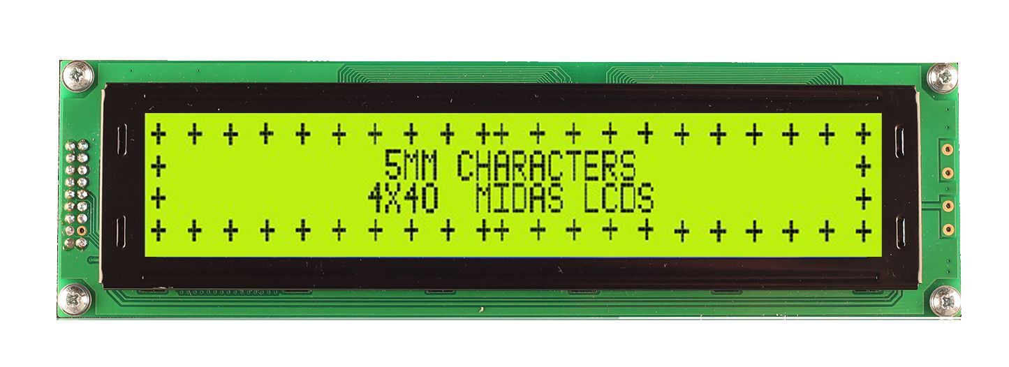 Midas MC44005A6W-SPTLY-V2 MC44 Alphanumeric LED LCD Monochrome Display, Black on Green, Yellow, 4 x 40