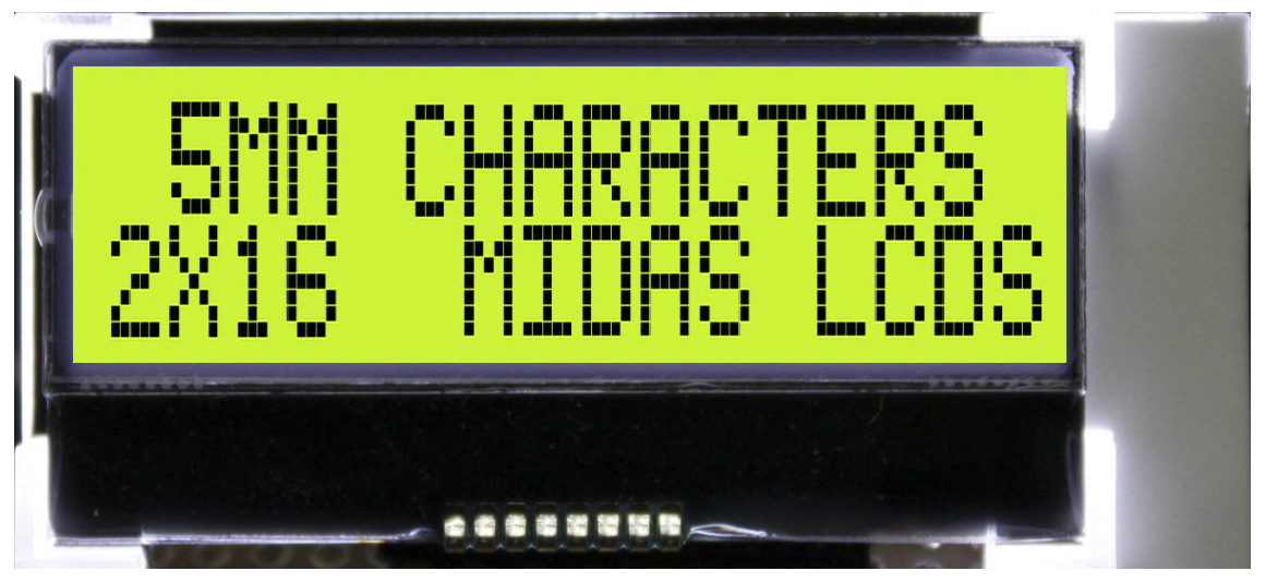 Midas MCCOG Alphanumeric LED LCD Monochrome Display, Yellow, Green on Yellow, Green, 2 x 16