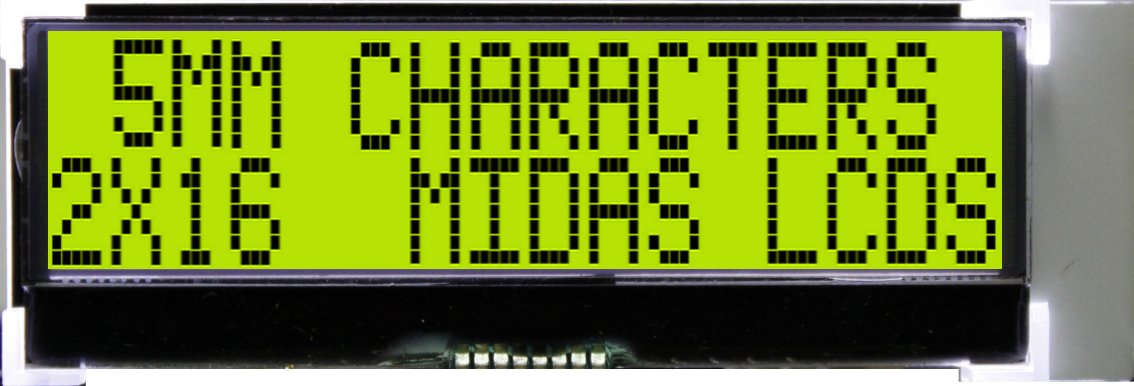 Midas MCCOG21605C6W-SPTLYI MCCOG Alphanumeric Transflective LCD Monochrome Display, Black on Yellow, Green, 2 x 16