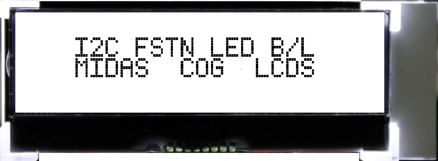 Midas MCCOG21605D6W-FPTLWI Alphanumeric Transflective LCD Monochrome Display, Black on White, 2 x 16