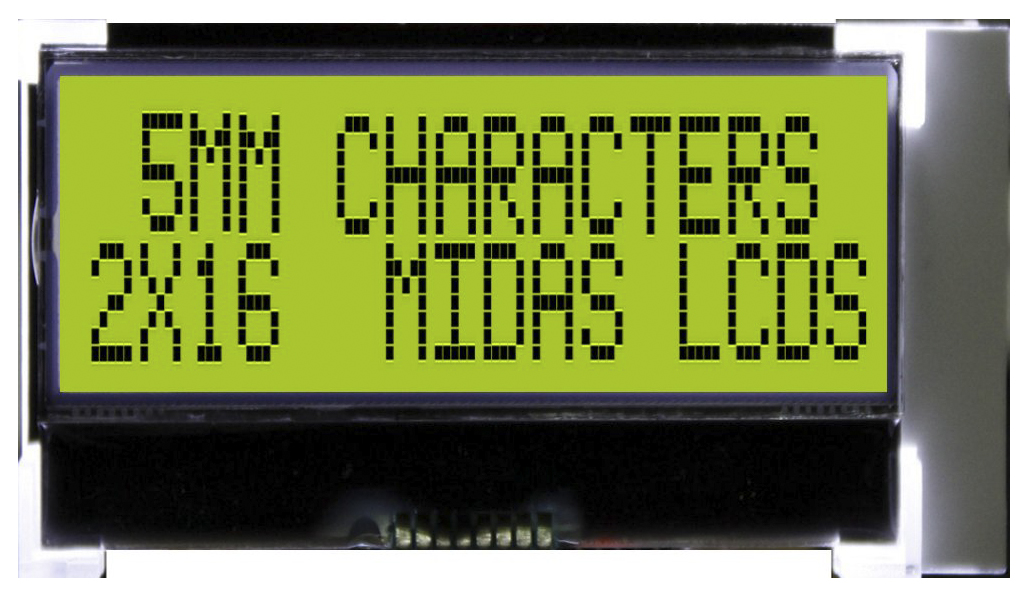 Midas MCCOG21605D6W-SPTLYI MCCOG Alphanumeric LED LCD Monochrome Display, Green, Yellow on Yellow, Green, 2 x 16