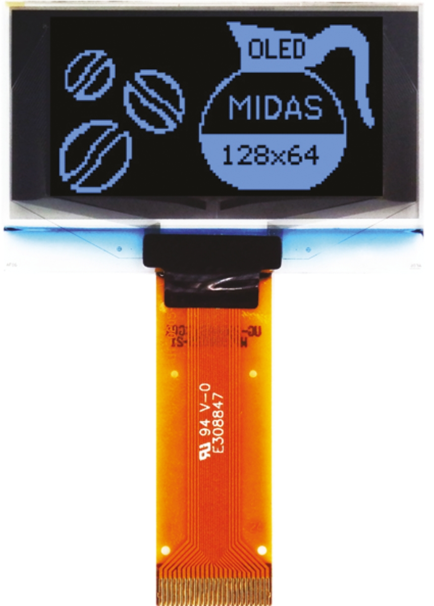 Midas 1.54 in Passive matrix Blue OLED Display 128 x 64 pixel TAB I2C, Parallel, SPI