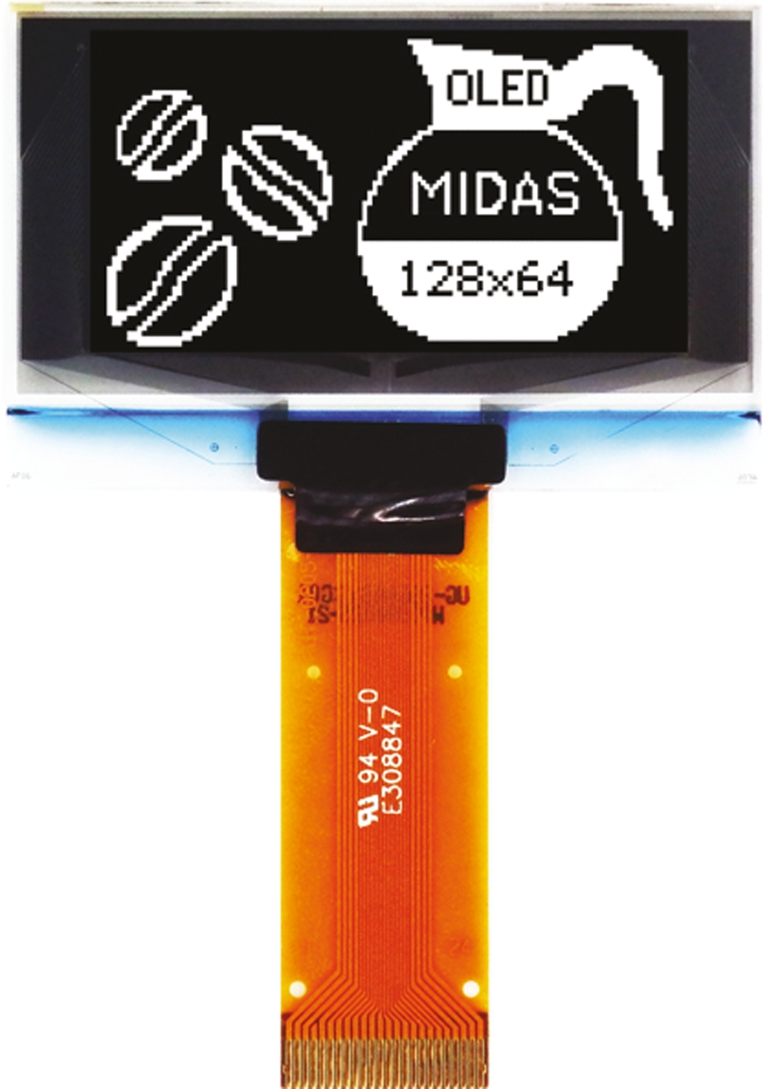 Midas 1.54 in Passive matrix White OLED Display 128 x 64 pixel TAB I2C, Parallel, SPI