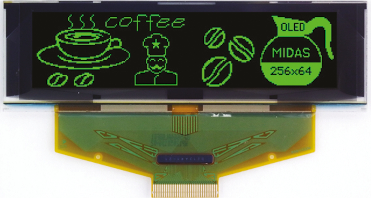 Midas 3.12 in Passive matrix Green OLED Display 256 x 64 pixel TAB Multi