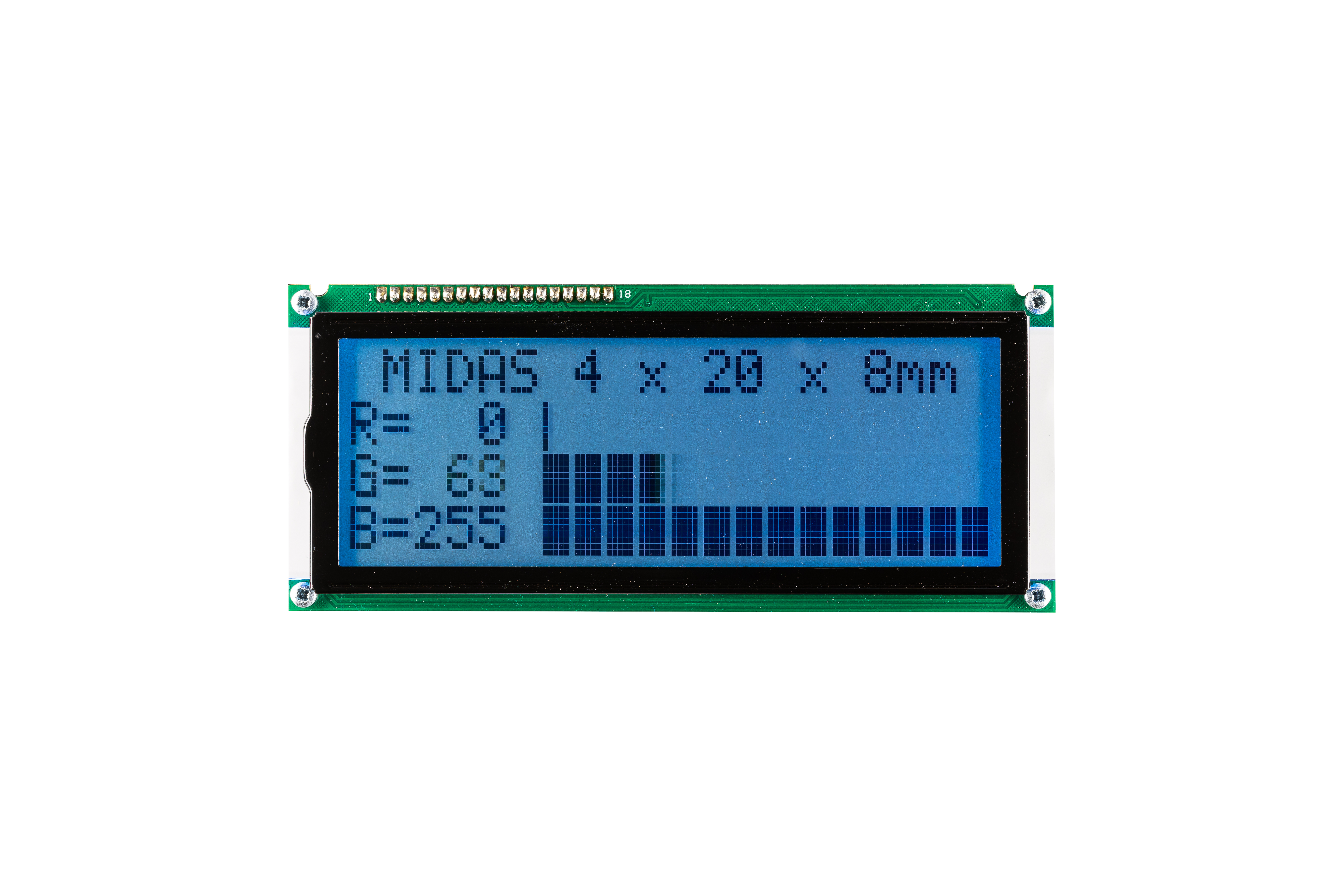 Midas MD42008A6W-FPTLRGB MC LCD LED LCD Monochrome Display, Black on Green, Yellow, 4 x 20