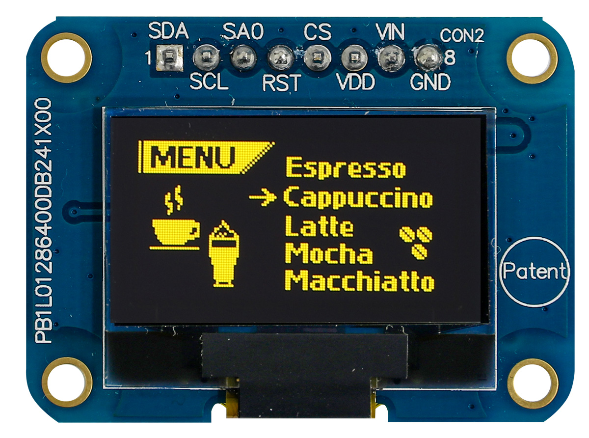 Midas 0.96 in Passive matrix Yellow OLED Display 128 x 64 pixel COB I2C