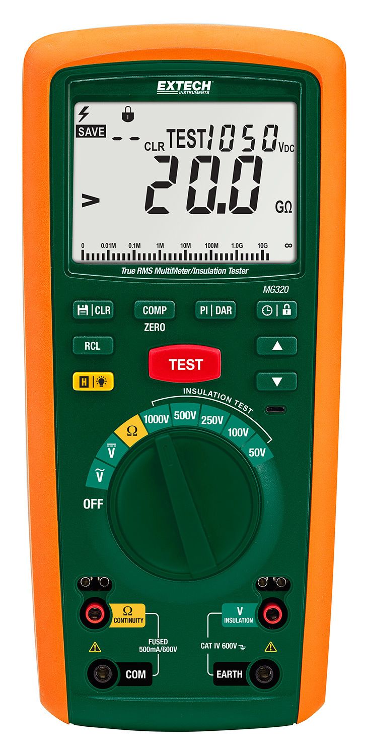 Extech MG320 Insulation Tester, 50 V Min, 1000 V Max, 20 GΩ CAT IV
