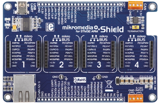 MikroElektronika MIKROE-1417 Mikromedia Plus 109.22 mm Mikromedia Expansion Board With 4 MikroBUS Host Sockets for STM32