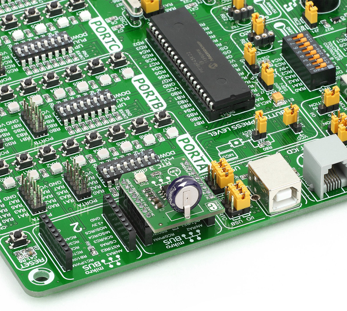 mikroe-1839 MikroElektronika MIKROE-1839 RTC3 Real Time Clock MikroBus Click Board for BQ32000 for Target Board Microcontroller,