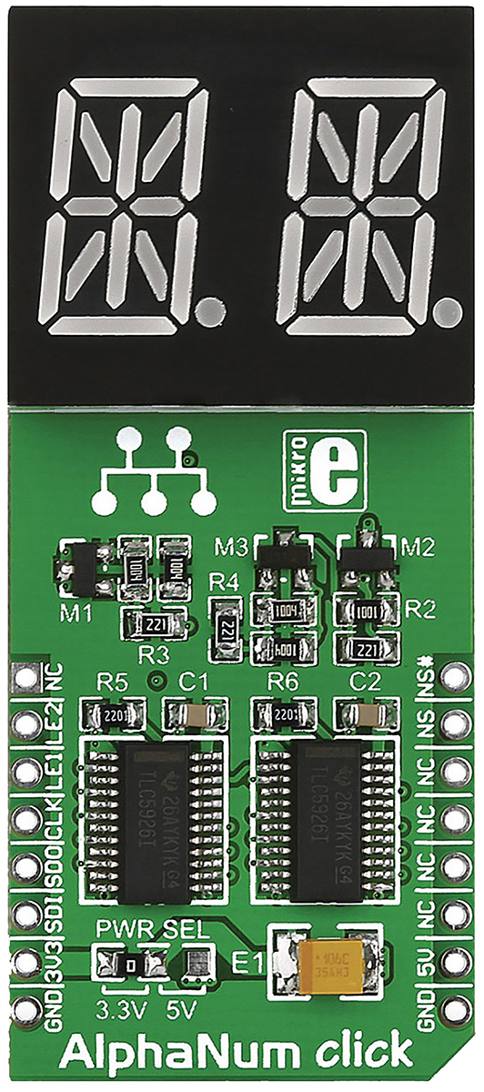 MikroElektronika MIKROE-1851 AlphaNum G Click 2 14 Segment Display Add On Board With TLC5926 x 2 for mikroBUS Socket