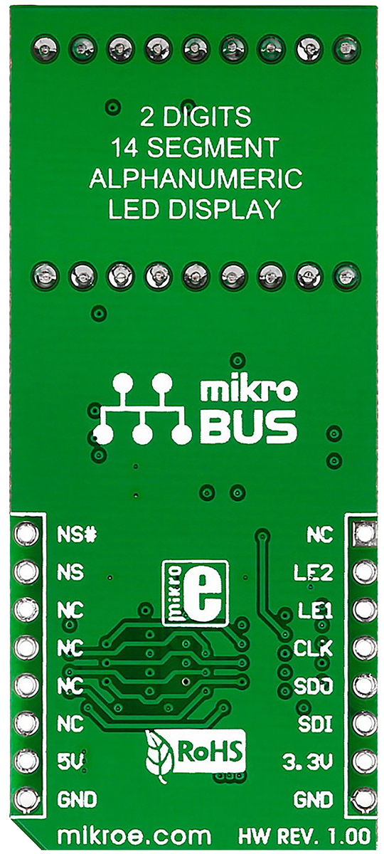 mikroe-1851 MikroElektronika MIKROE-1851 AlphaNum G Click 2 14 Segment Display Add On Board With TLC5926 x 2 for mikroBUS Socket