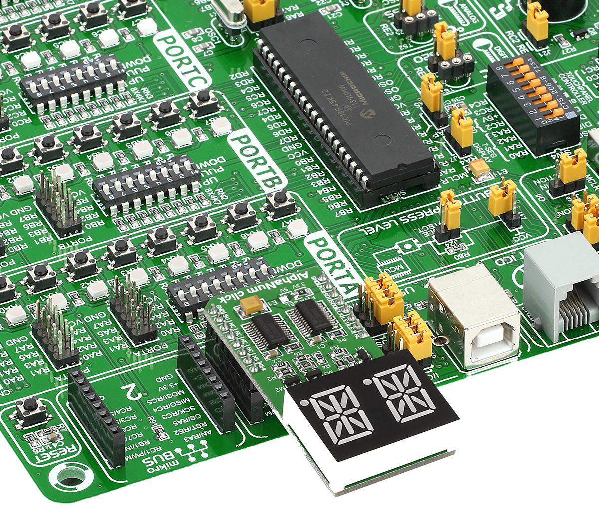 mikroe-1851 MikroElektronika MIKROE-1851 AlphaNum G Click 2 14 Segment Display Add On Board With TLC5926 x 2 for mikroBUS Socket