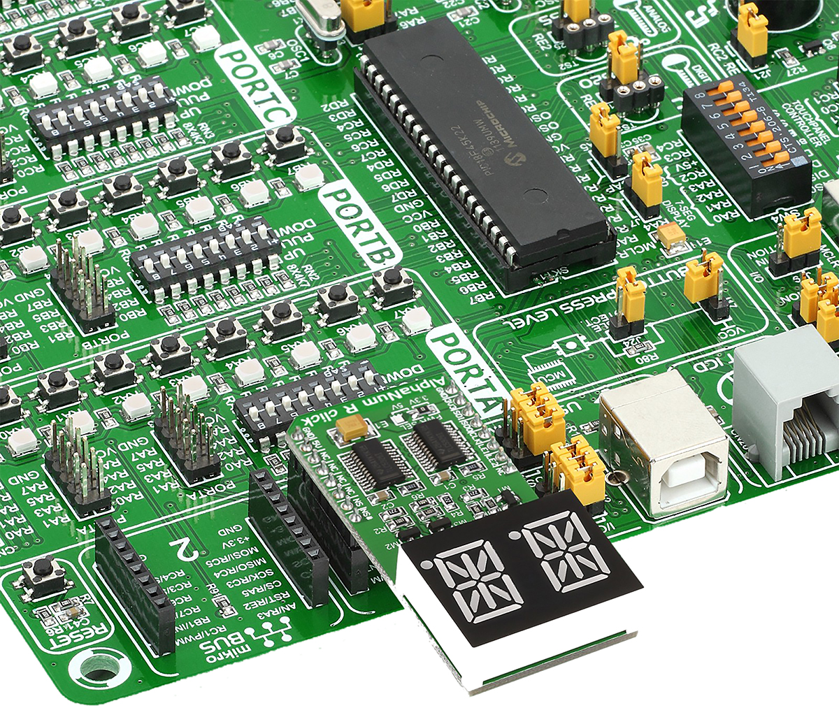 mikroe-1864 MikroElektronika MIKROE-1864 14 Segment Display Add On Board With TLC5926 x 2