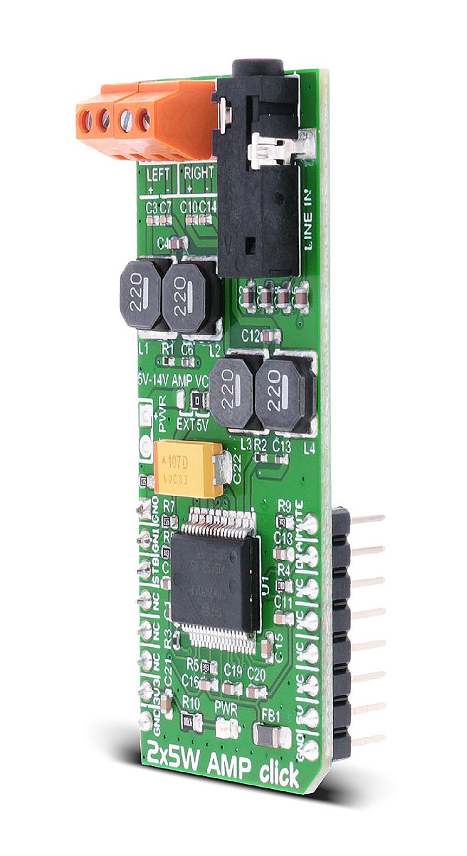 mikroe-2477 MikroElektronika MIKROE-2477 2 x 5 W Amp Click Audio Amplifier Development Board for MikroBus for TDA7491LP