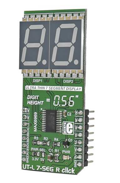 mikroe-2743 MikroElektronika MIKROE-2743 UT-L 7-SEG R 7 Segment Display MikroBus Click Board With DSM7UA56101, MAX6969