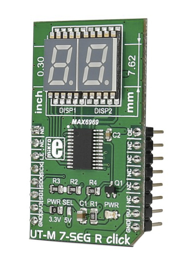mikroe-2746 MikroElektronika MIKROE-2746 UT-M 7-SEG R Click 7 Segment Display MikroBus Click Board With DSM7UA30101, MAX6969