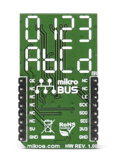 mikroe-2746 MikroElektronika MIKROE-2746 UT-M 7-SEG R Click 7 Segment Display MikroBus Click Board With DSM7UA30101, MAX6969