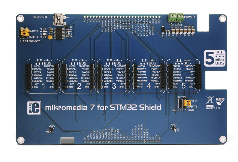 MikroElektronika MIKROE-2812 Mikromedia 7 for STM32 Shield With five mikroBUS sockets for STM32F4, STM32F7
