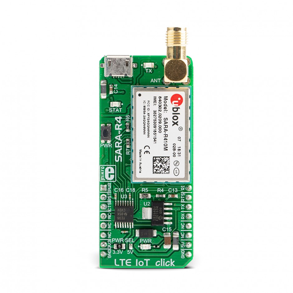 MikroElektronika LTE IoT Click SARA-R410M02B Narrowband 1, LTE CAT M1 Sensor Add-On Board for IoT Metering, smart
