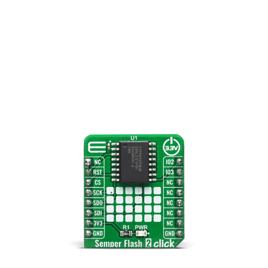 MikroElektronika MIKROE-4028 Semper Flash 2 Click, SPI, QSPI Flash Memory Board for S25HL512T for Mass Storage