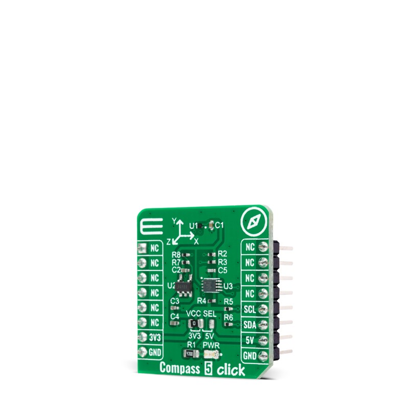 mikroe-4366 MikroElektronika Compass 5 Click Hall Effect Sensor Development Kit for AK09918C, a 3-axis electronic compass with high