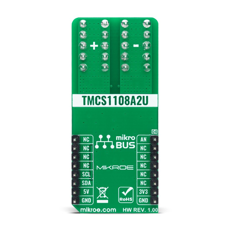 mikroe-4797 MikroElektronika Hall Current 11 Click Hall Effect Sensor Add On Board for TMCS1108A2U MikroBus